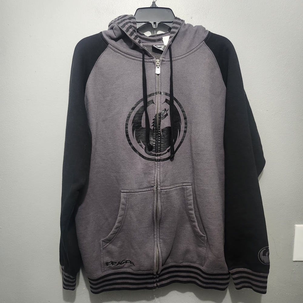 Dragon Men's Gray and Black Zip-Up Hoodie Size M Y2K